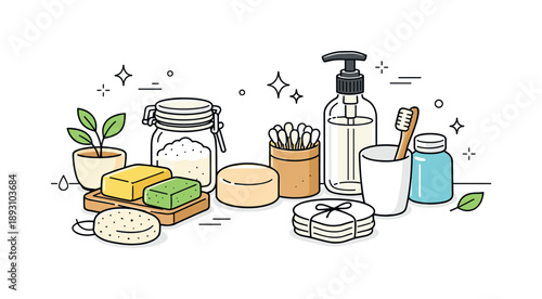 Zero Waste Bathroom. Zero waste daily life. A bathroom scene with solid soap bars, reusable containers, and minimal packaging. Clean, thoughtful lifestyle