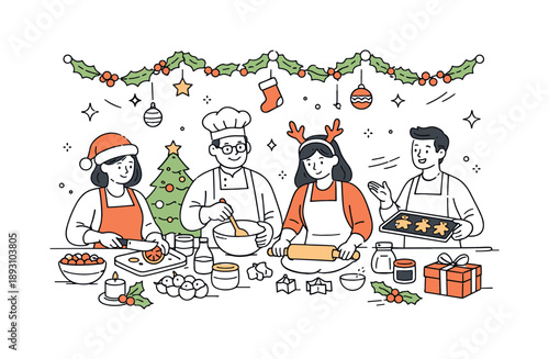 Festive Cooking Class. Holiday cooking class festive kitchen. Group surrounded by simple holiday decorations and ingredients, cozy atmosphere and seasonal