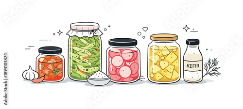 Artisanal Fermented Delights. Artisanal fermented foods. A curated set of jars filled with colorful ferments, arranged with plenty of white space. Clean modern