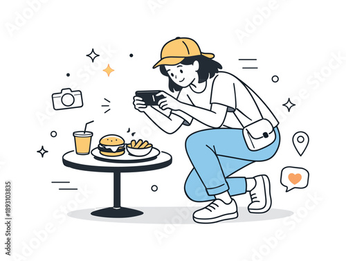 Creative Street Photography. Capturing with phone. A character taking a street or food photo, slightly leaned posture and soft concentration. Scene represents