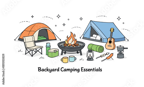 Backyard Camping Setup. Backyard camping essentials. Tents, a firepit, and camping accessories displayed together, emphasizing comfort and simplicity of