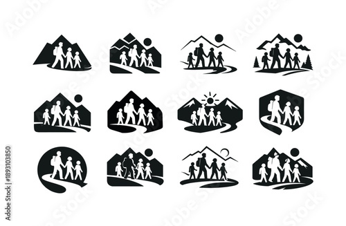 Family Hiking Logos. family hiking together. Icon set. Set Logo of family hiking together: family walking trail path. harmonious logo variations of the same