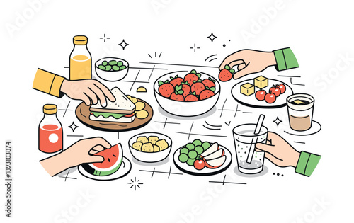 Picnic Snack Sharing. Picnic food moment. A close scene with hands reaching for snacks, fruits and drinks laid on a blanket. Shared experience, warmth and