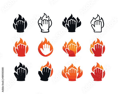 Heat-Resistant Logos Collection. Heat-resistant materials. Icon set. Set Logo of Heat-resistant materials: protective glove resisting fire. harmonious logo