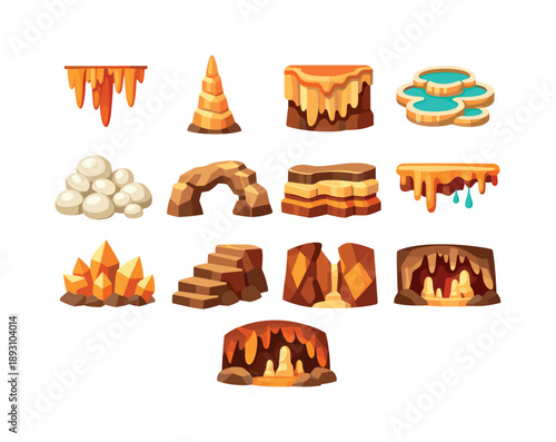 Colorful Limestone Icons. Limestone caves. Colorful flat vector icons set of limestone caves: stalactite cluster, stalagmite pillar, flowstone sheet, rimstone