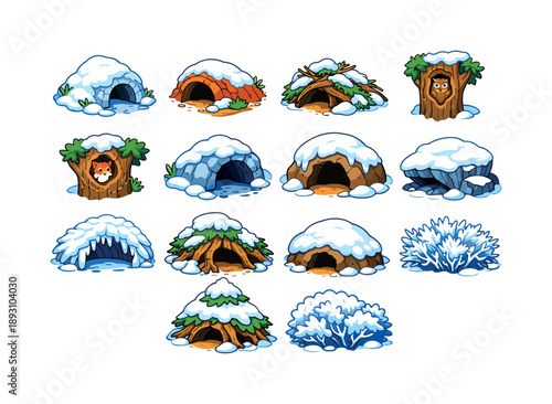 Winter Shelter Icons. Winter shelters. Colorful isometric vector icons set of winter shelters: snowy animal den, fox burrow opening, hare hideout under