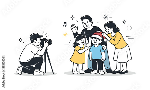 Holiday Photo Prep. Family taking holiday photo preparation. Family adjusting poses while one person gets the camera ready. Lighthearted interaction and