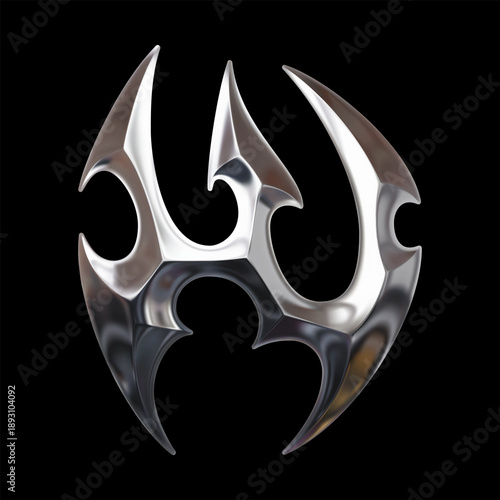 Chrome tribal metal letter W, ornamental 3D typography