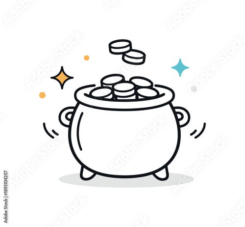 Minimal Gold Illustration. Pot of gold minimal illustration. A simple line-based pot icon with a few coins and decorative dots around it, designed as a clean