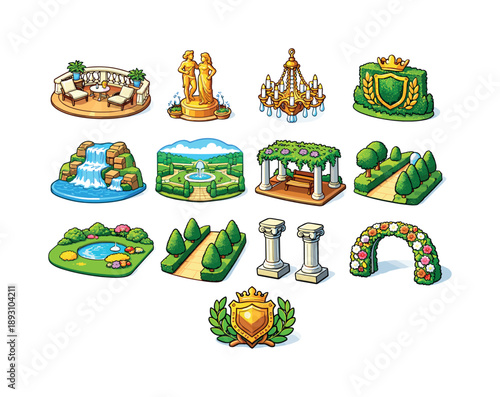 Luxurious Garden Icons. Luxurious Landscape. Colorful isometric vector icons set of Luxurious Landscape: elegant terrace, golden statuary, garden chandelier,