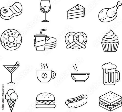 Adobe Illustrator ArtworkFood And Meals Line Icons Set Pixel Perfect Grocery Restaurant Symbols Vector Illustration on transparent background