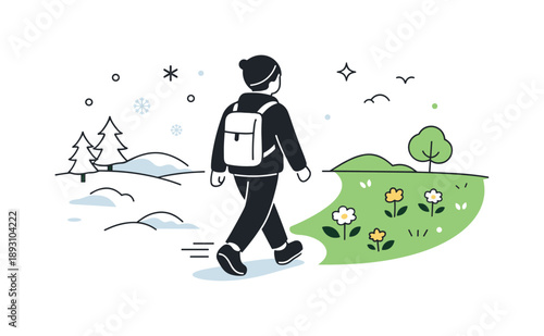 Seasonal Transition Walk. Winter to spring transition. A person walking from a snowy area into a space with fresh grass and small flowers. Gentle movement,