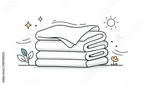 Minimalist Linen Display. Natural home linens. Folded linen towels displayed on a shelf or surface, soft motion lines and shadows highlighting lightweight