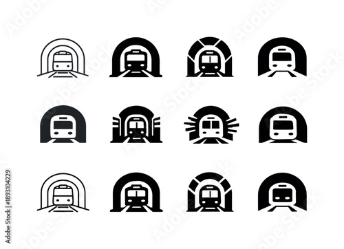 Subway Emblem Icons. A subway train moving through underground tunnels, with passengers inside. Icon set. Set Logo of a subway train moving through underground