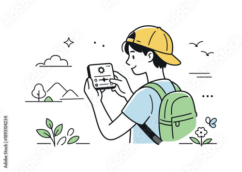 Mindful Phone Photography. Everyday photo moments. A person adjusting camera settings on a phone while observing surroundings, calm movement and visual focus.