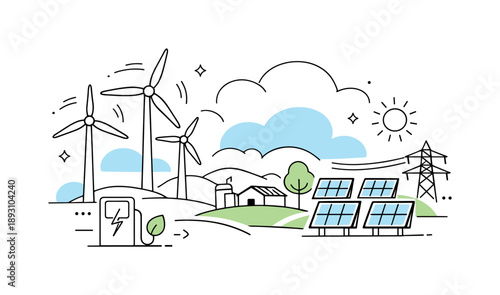 Renewable Energy Harmony. Wind farms and renewable energy sources. A modern landscape combining wind turbines, solar panels, and soft abstract clouds. The