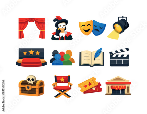 Masked Theater Icons. Masked Theater Performance. Colorful flat vector icons set of Masked Theater Performance: stage curtains, actor in mask, drama masks