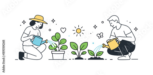Mindful Garden Moments. Mindful gardening moment. People watering plants slowly, soft water streams and rounded leaves emphasizing care, growth, and calm