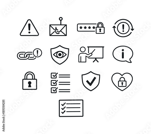 Cybersecurity Icon Set. Cyber awareness. Line icon set of Cyber awareness: warning sign, phishing alert, strong password icon, update reminder, suspicious