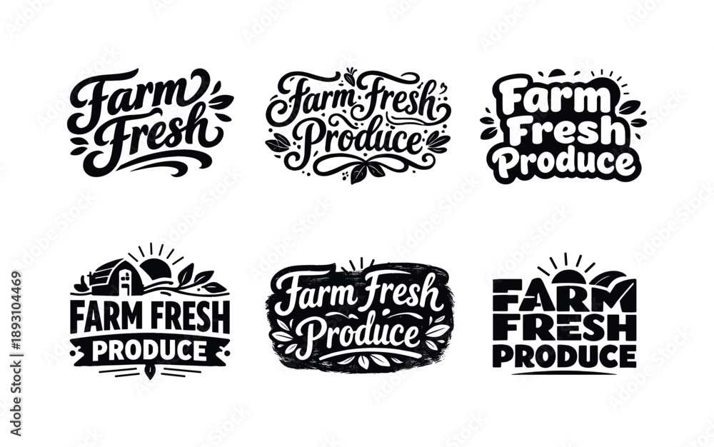 Obraz premium Diverse Lettering Styles. Farm fresh produce lettering. Set lettering. harmonious lettering variations of the same emblematic concept, each with different