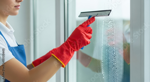 Female janitor cleaning window glass with focus and determination in a bright indoor space