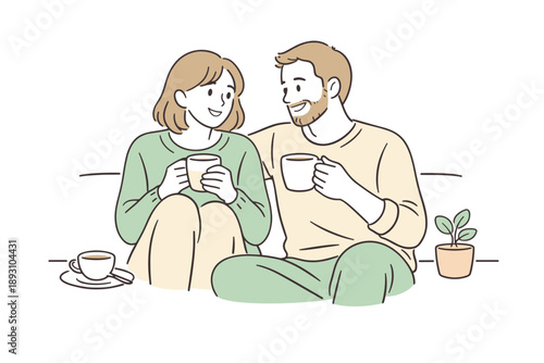 Partners sharing a quiet coffee moment, seated comfortably side by side with gentle conversation and relaxed