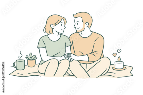 Partners enjoying a tender moment of connection, seated side by side with soft eye contact and calm body