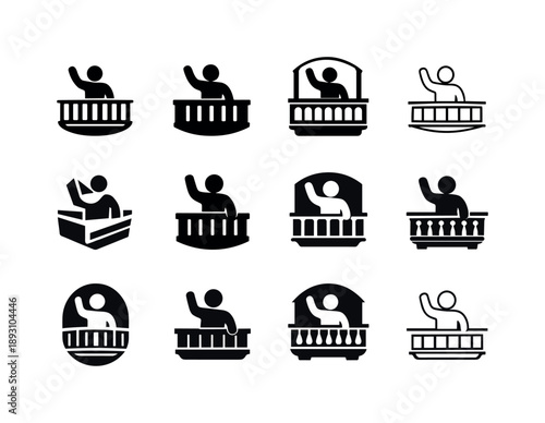 Balcony Wave Icons. Waving from a balcony. Icon set. Set Logo of Waving from a balcony: balcony interaction. harmonious logo variations of the same emblematic