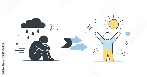 Calm Mood Transformation. Mood transformation. Soft gradients implied through shape placement as elements shift from dark to light accents. Abstract, calm