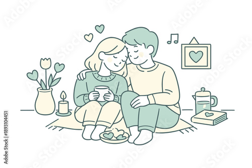 Couple quietly enjoying a love themed day together, sitting close in a calm everyday celebration of togetherness