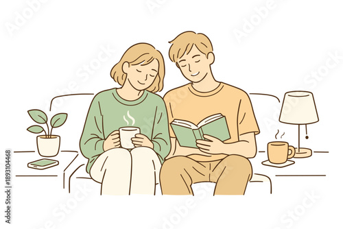 Romantic partners living a quiet daily routine, seated side by side with calm expressions and subtle closeness