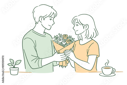 Man presenting flowers to a woman with a soft smile, calm body language and subtle closeness suggesting