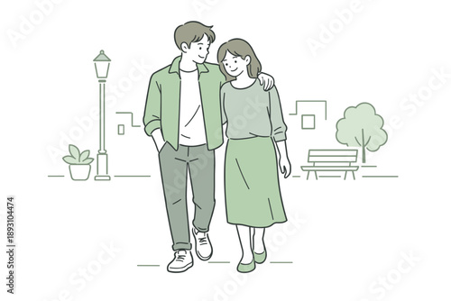 Romantic couple enjoying a quiet city walk, moving slowly with easy body language and subtle connection between
