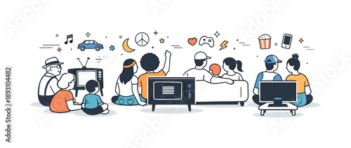TV Through Decades. Television and culture over time. People from different decades watching TV together in a simplified, symbolic scene. Editorial