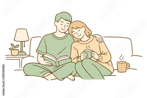 Partners enjoying a quiet evening routine at home, seated comfortably side by side with relaxed body language