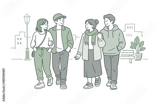  Close friends enjoying a calm walk through the city, easy pace and gentle gestures suggesting comfort and