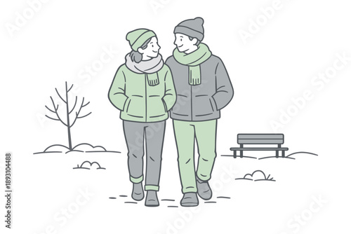 Partners taking a calm winter stroll, walking slowly with hands in pockets and easy body language suggesting