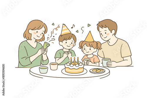 Parents enjoying a small celebration with their children, gentle smiles and calm gestures capturing warmth and