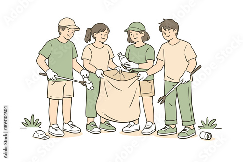 Image Generation. Friends volunteering to clean a neighborhood park, standing side by side and collecting trash with gentle