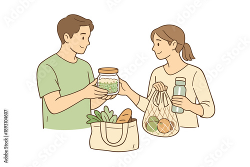 Man and woman sharing everyday eco friendly habits, gently handling reusable bags and containers with