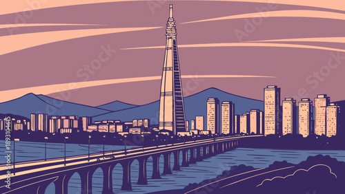 Seoul skyline view features lotte tower prominently standing tall, perfect for travel blogs, cityscape articles, and south koreathemed designs.