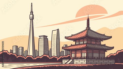 Seoul skyline with japanese pagoda tower at sunset, surrounded by city buildings. Background for travel, architecture, and cityscape concepts.