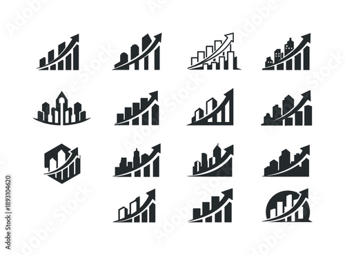 City Growth Logos. city skyline growth. Icon set. Set Logo of city skyline growth: skyline with ascending bars. harmonious logo variations of the