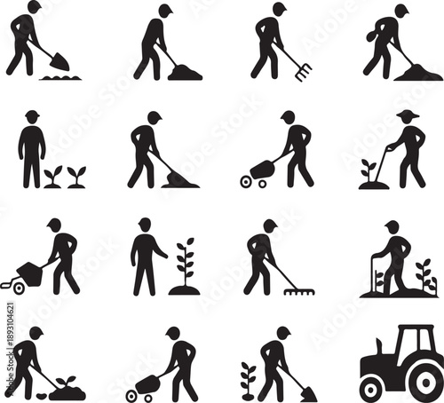 set of gardening icons with people working in the garden with tools and tractor