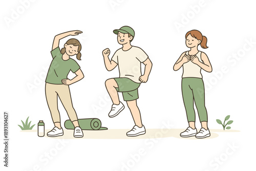 Close friends enjoying light outdoor exercise, standing comfortably and doing gentle movements with easy body