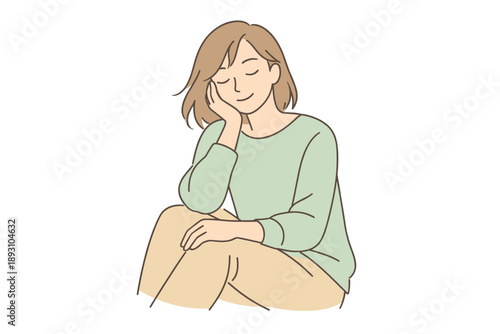 Image Generation. Woman enjoying a quiet pause during the day, seated or standing calmly with gentle body language and soft focus
