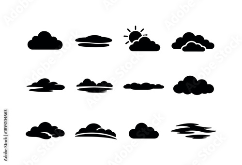 Soft Cloud Icons. Soft Cloud Cover. Solid icon set of Soft Cloud Cover: fluffy cloud, smooth cloud layer, sun diffused, light overcast, drifting cloud shape,