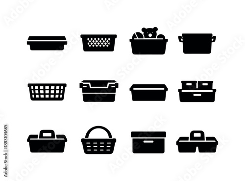 Storage Baskets Icons. Storage baskets. Solid icon set of Storage baskets: shelf basket, closet basket, toy storage, fabric basket, wire basket, stackable