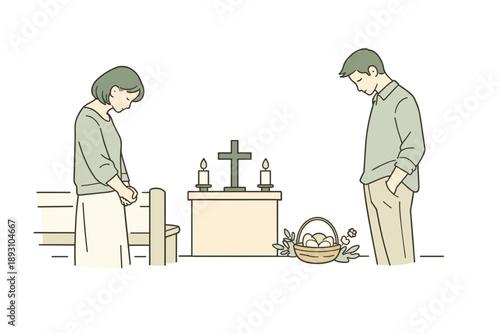 Quiet Easter prayer moment in church, one or two worshippers standing peacefully with bowed heads and relaxed