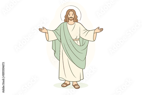 Image Generation. Risen Jesus symbolizing Easter Sunday resurrection, serene standing pose with subtle glow and open gesture